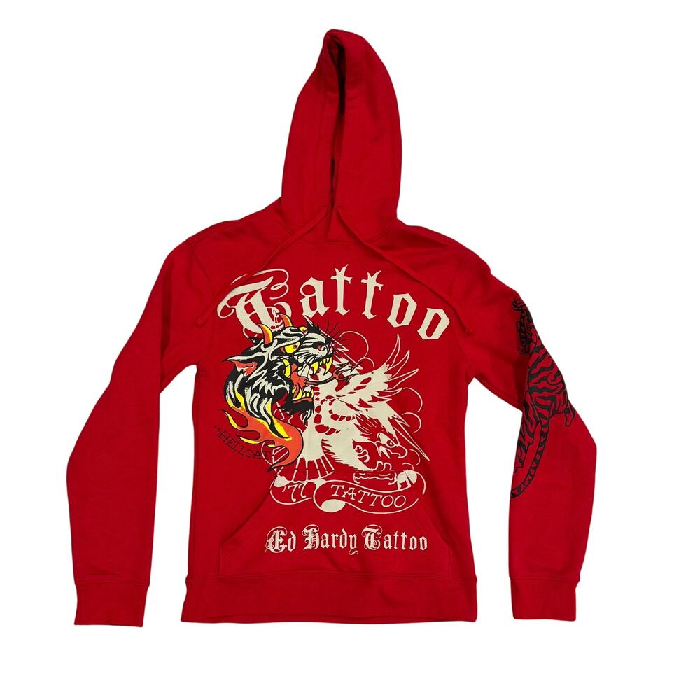 Ed Hardy 77 Tattoo Hellcat Tiger Hoodie Red Fleece NWT Men S
